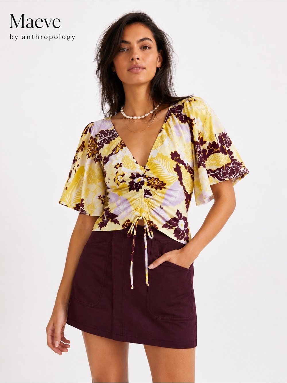 Anthropologie Maeve Cinched Flutter Sleeve Floral Top Yellow Purple Medium Boho - Picture 1 of 13